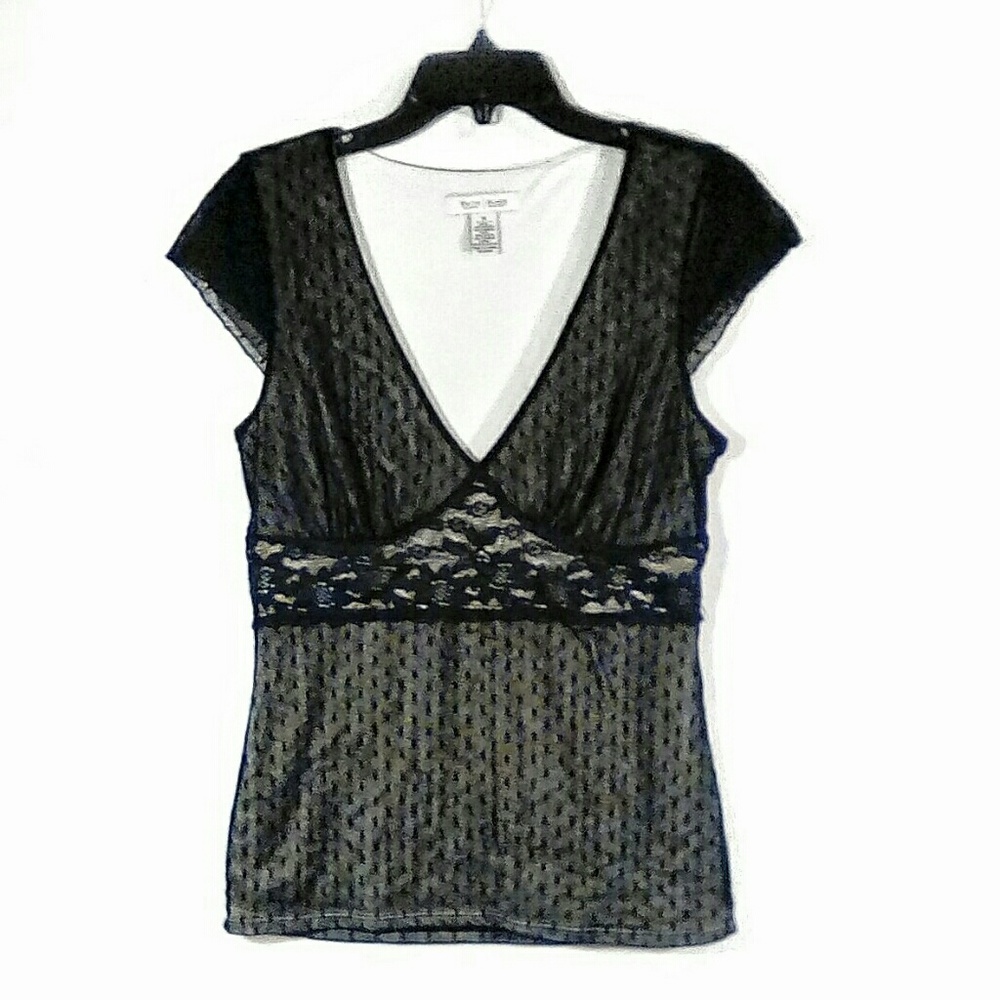 WHBM black floral lace cap sleeve v-neck blouse